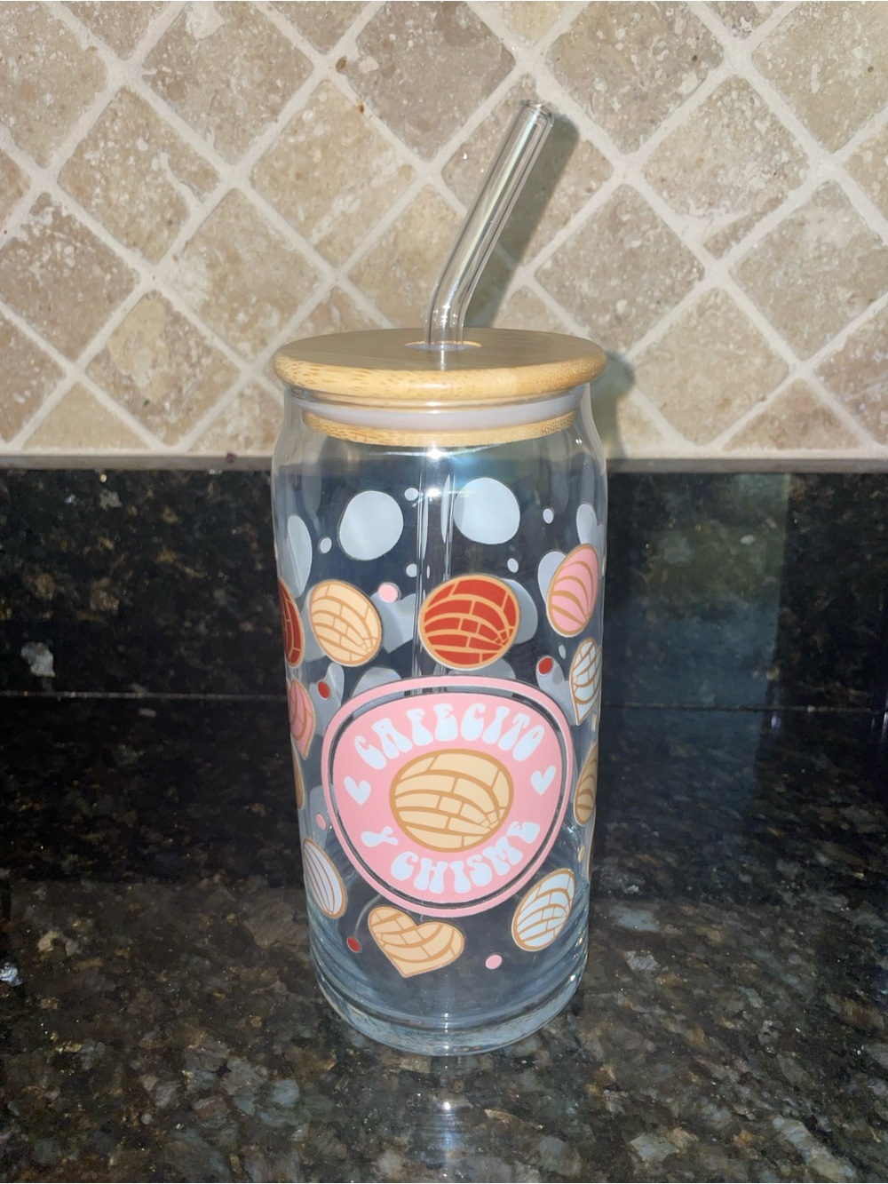 Soho Glass Tumbler with Bamboo Lid and Pink, Tan, White, Red Accents